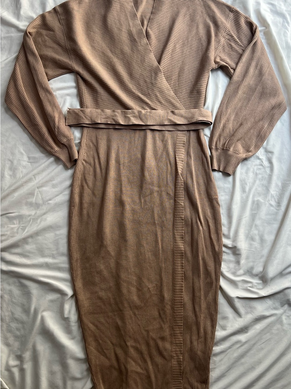 Ribbed Wrap-Front Midi Dress in Taupe